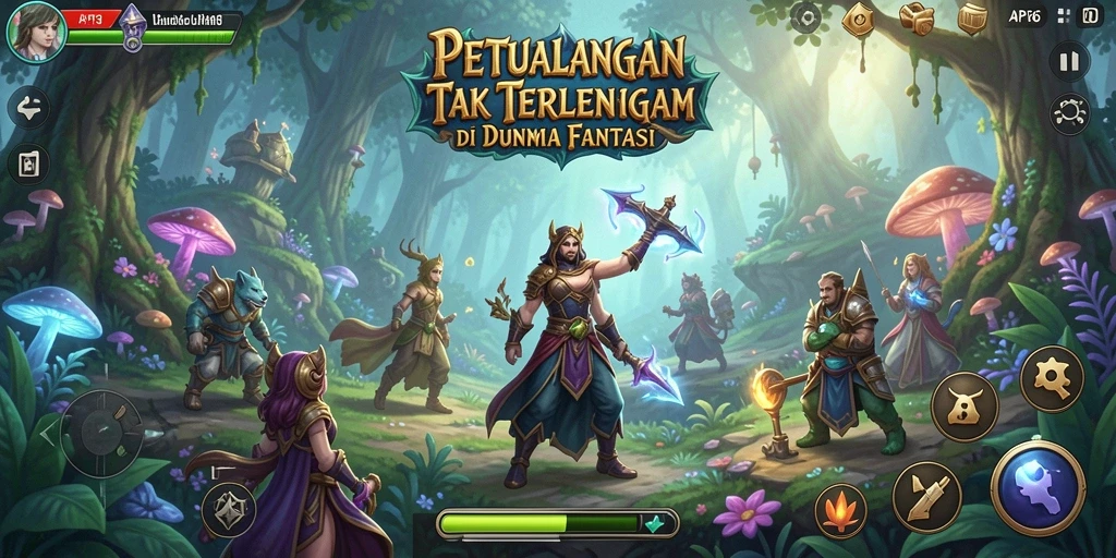 Screenshot utama API36 menampilkan karakter utama berpetualang di dunia fantasi yang menakjubkan.