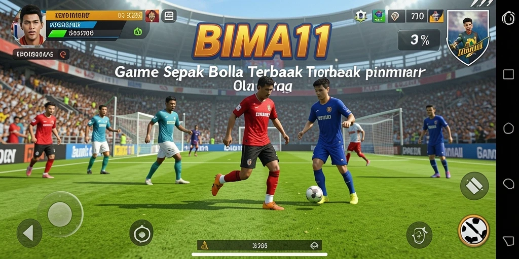 Screenshot gameplay BIMA11 menampilkan aksi seru di lapangan sepak bola.