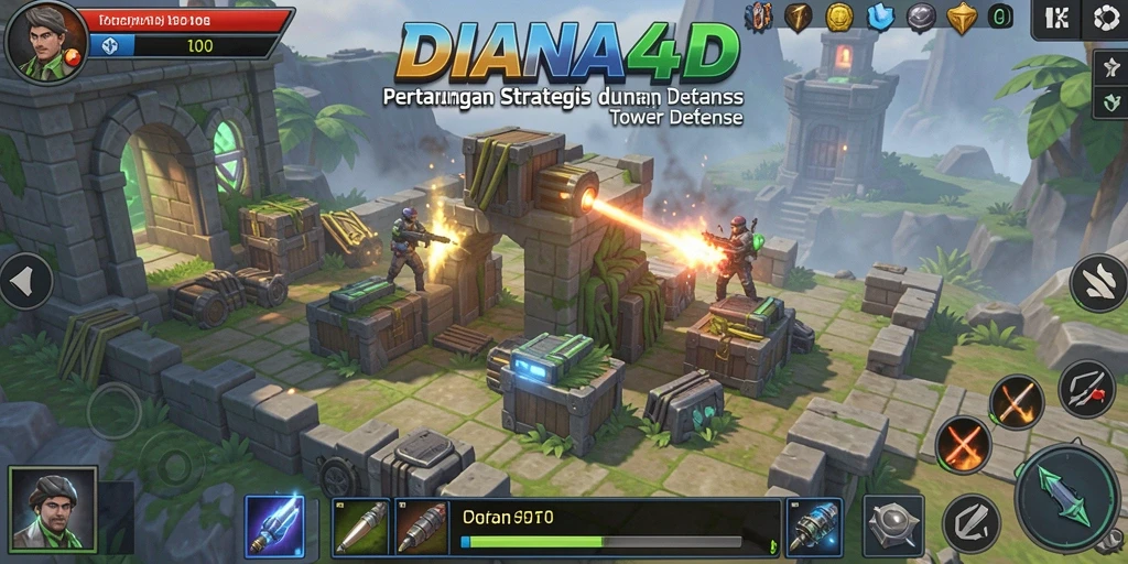 Tangkapan layar gameplay DIANA4D yang menampilkan elemen Tower Defense yang seru.