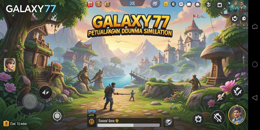 Screenshot gameplay GALAXY77 menampilkan eksplorasi galaksi yang memukau.