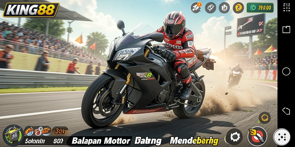 Gameplay seru di KING88 saat balapan motor di trek menantang.
