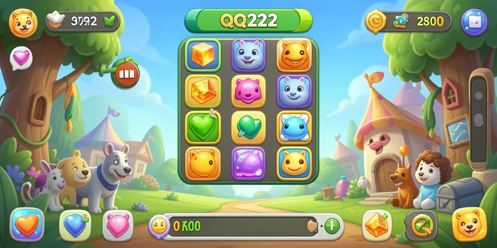 Menampilkan gameplay seru dalam permainan Match-3 QQ222.