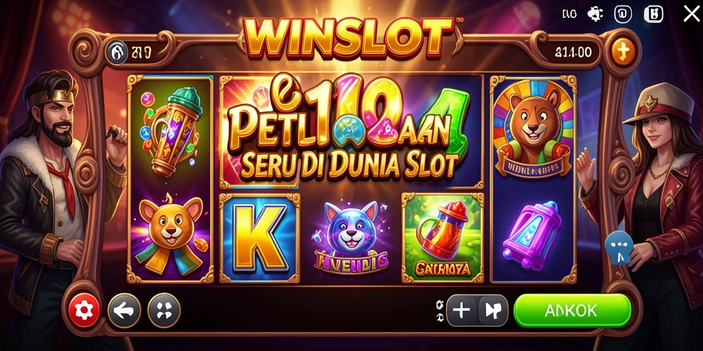 Screenshot utama WINSLOT menunjukkan karakter sedang menjelajahi dunia slot yang penuh warna.